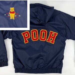 Vtg 90's Disney Store Winnie the Pooh Hooded Windbreaker Jacket Navy Blue Small